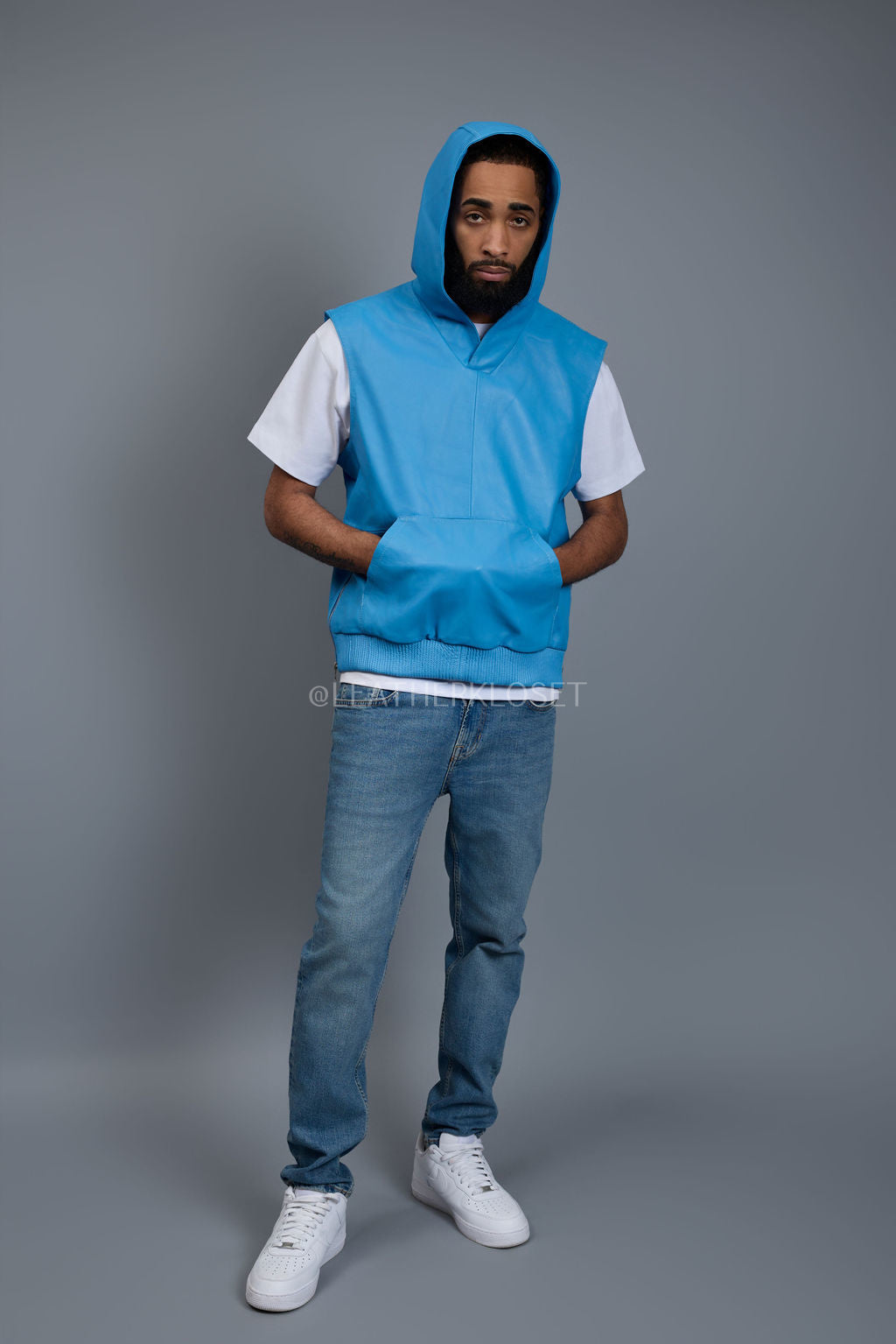 Men's Leather Rocky Hoodie [Baby Blue]