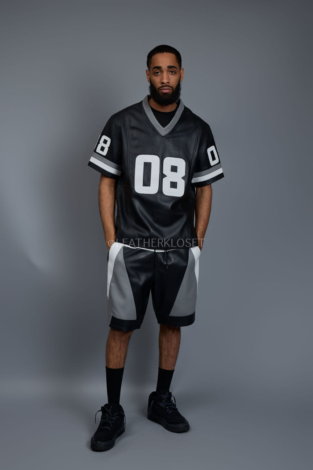 Men's Leather Jersey And Levi Shorts Set [Black/Grey/White]