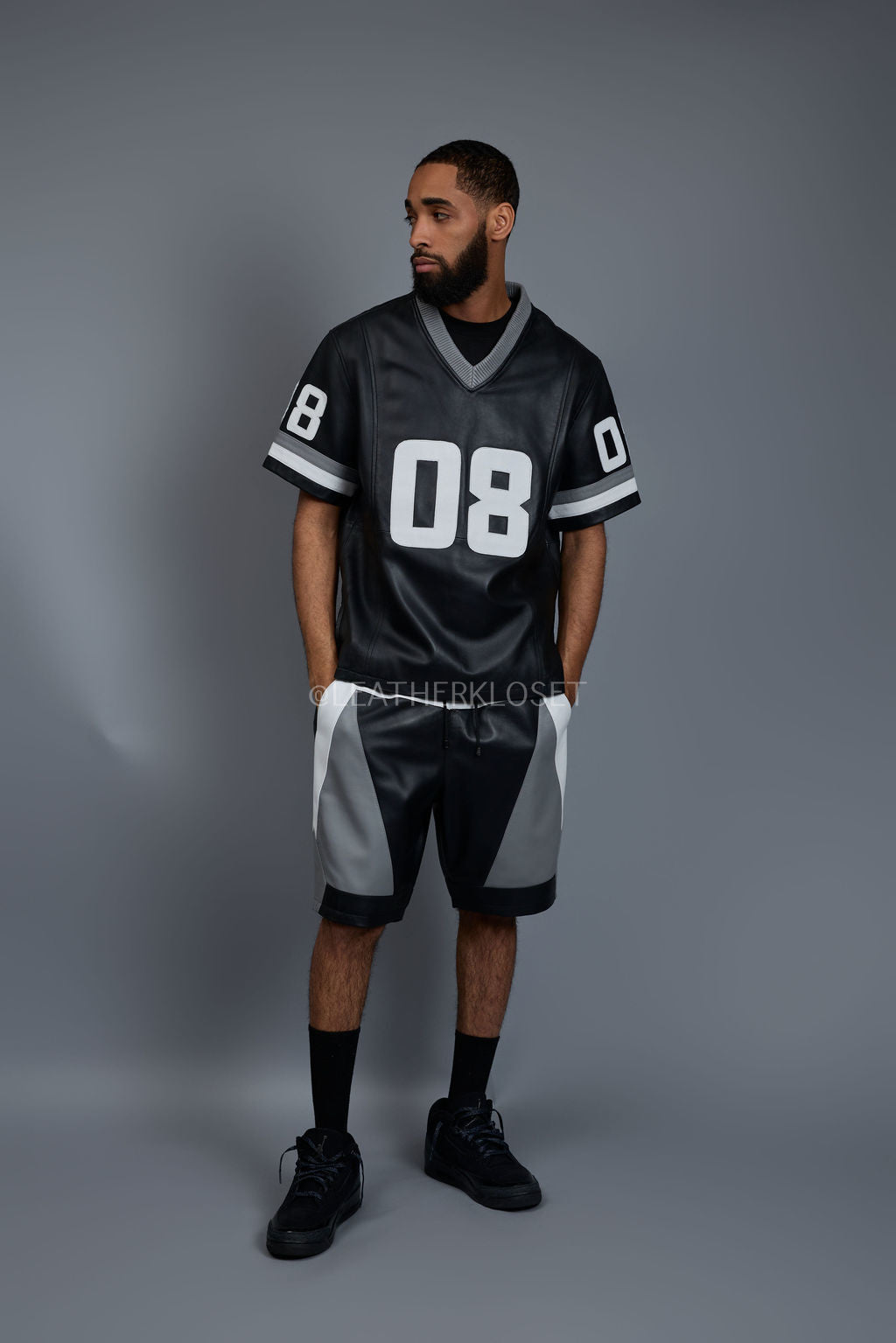 Men's Leather Jersey And Levi Shorts Set [Black/Grey/White]