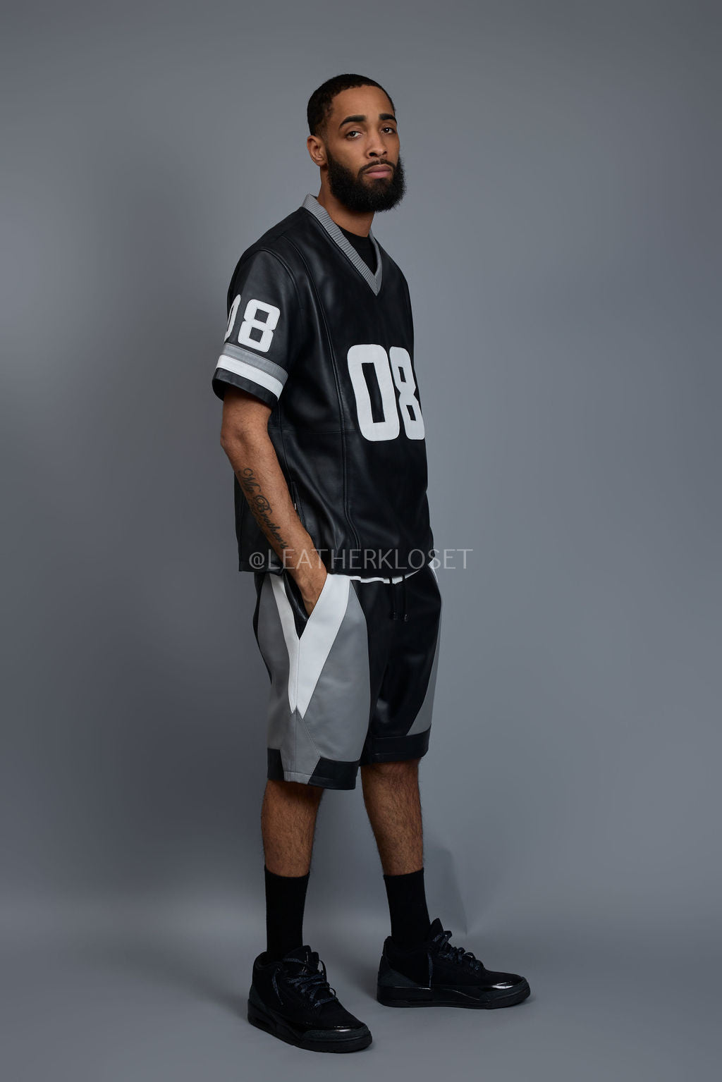 Men's Leather Jersey And Levi Shorts Set [Black/Grey/White]