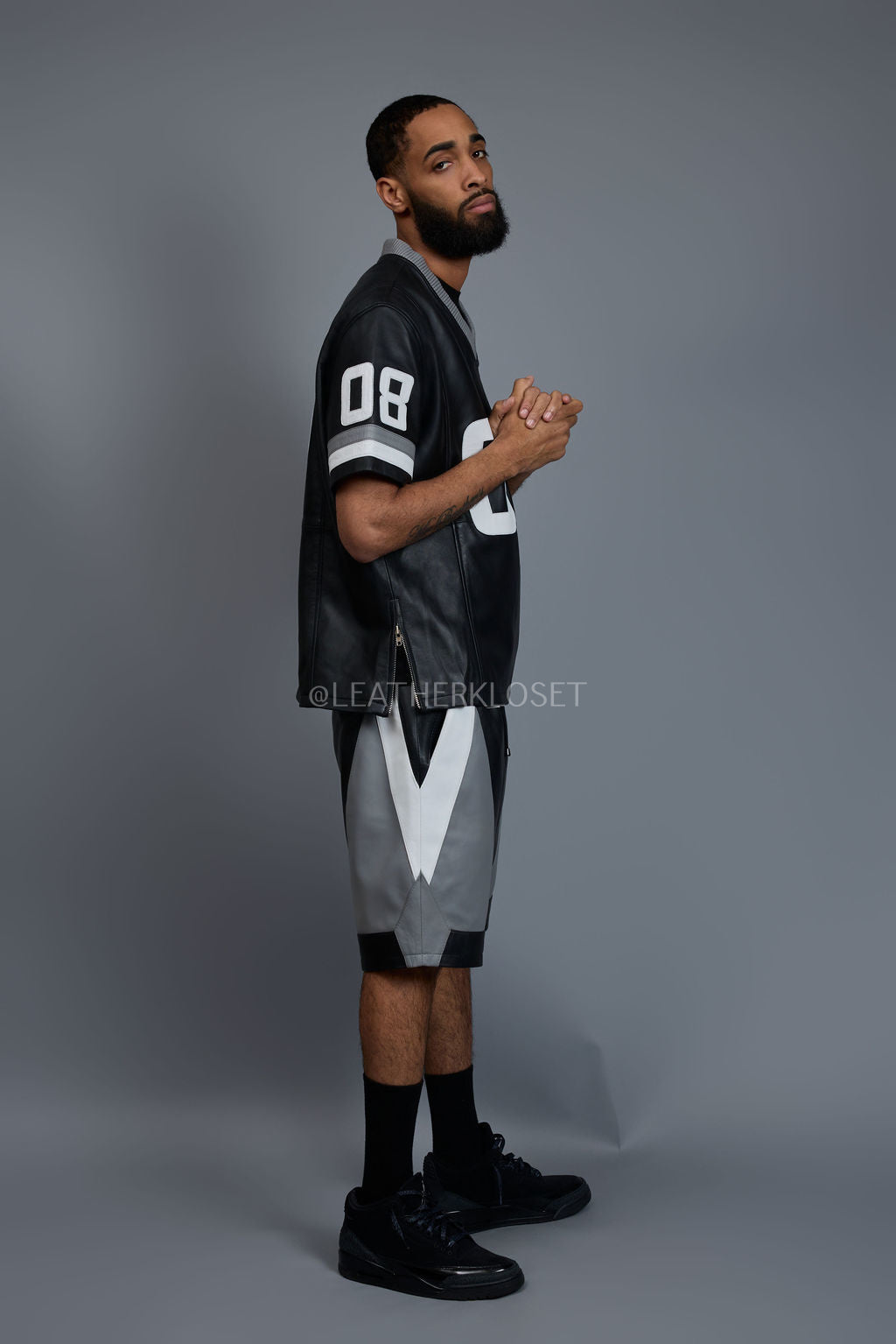 Men's Leather Jersey And Levi Shorts Set [Black/Grey/White]