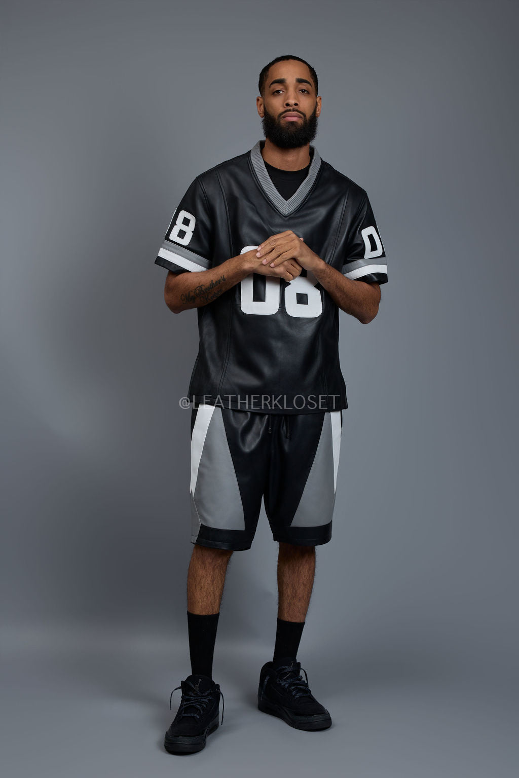 Men's Leather Jersey And Levi Shorts Set [Black/Grey/White]
