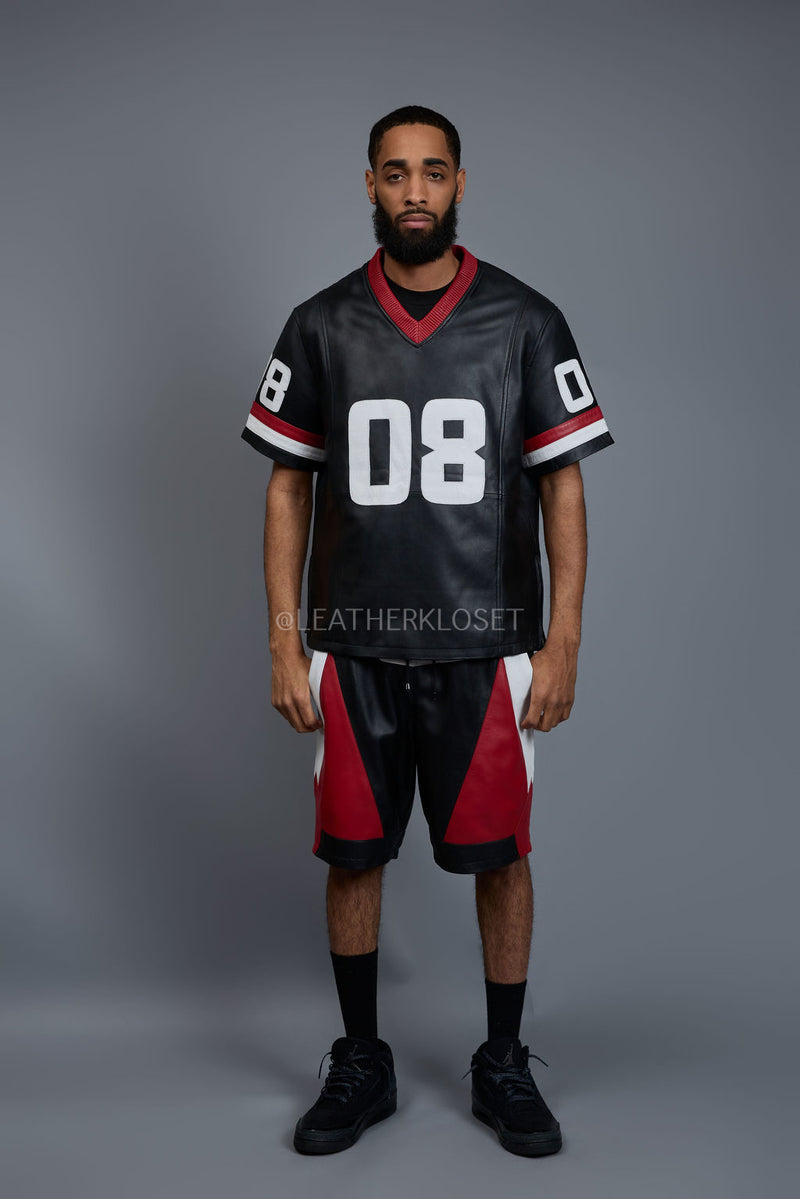 Men's Leather Jersey And Levi Shorts Set [Black/Red/White]