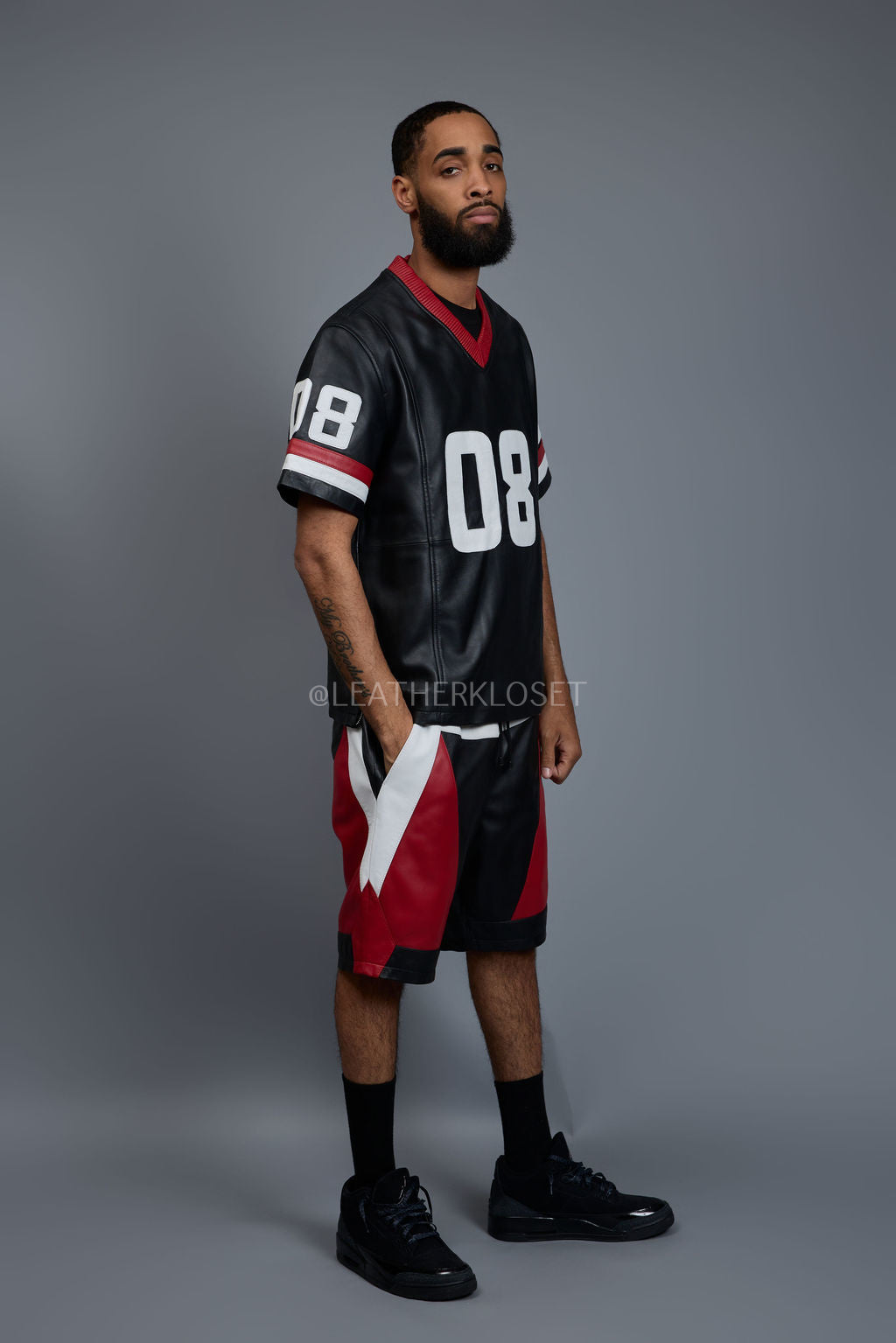 Men's Leather Jersey And Levi Shorts Set [Black/Red/White]