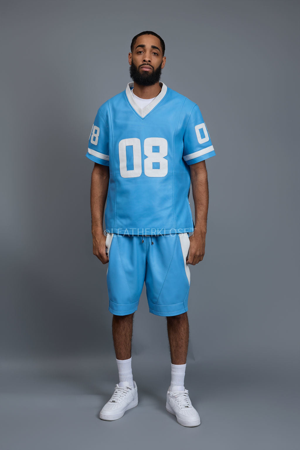 Men's Leather Jersey And Levi Shorts Set [Baby blue/White]