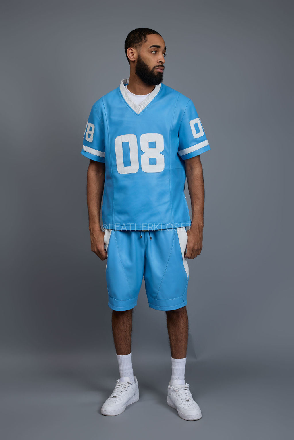Men's Leather Jersey And Levi Shorts Set [Baby blue/White]