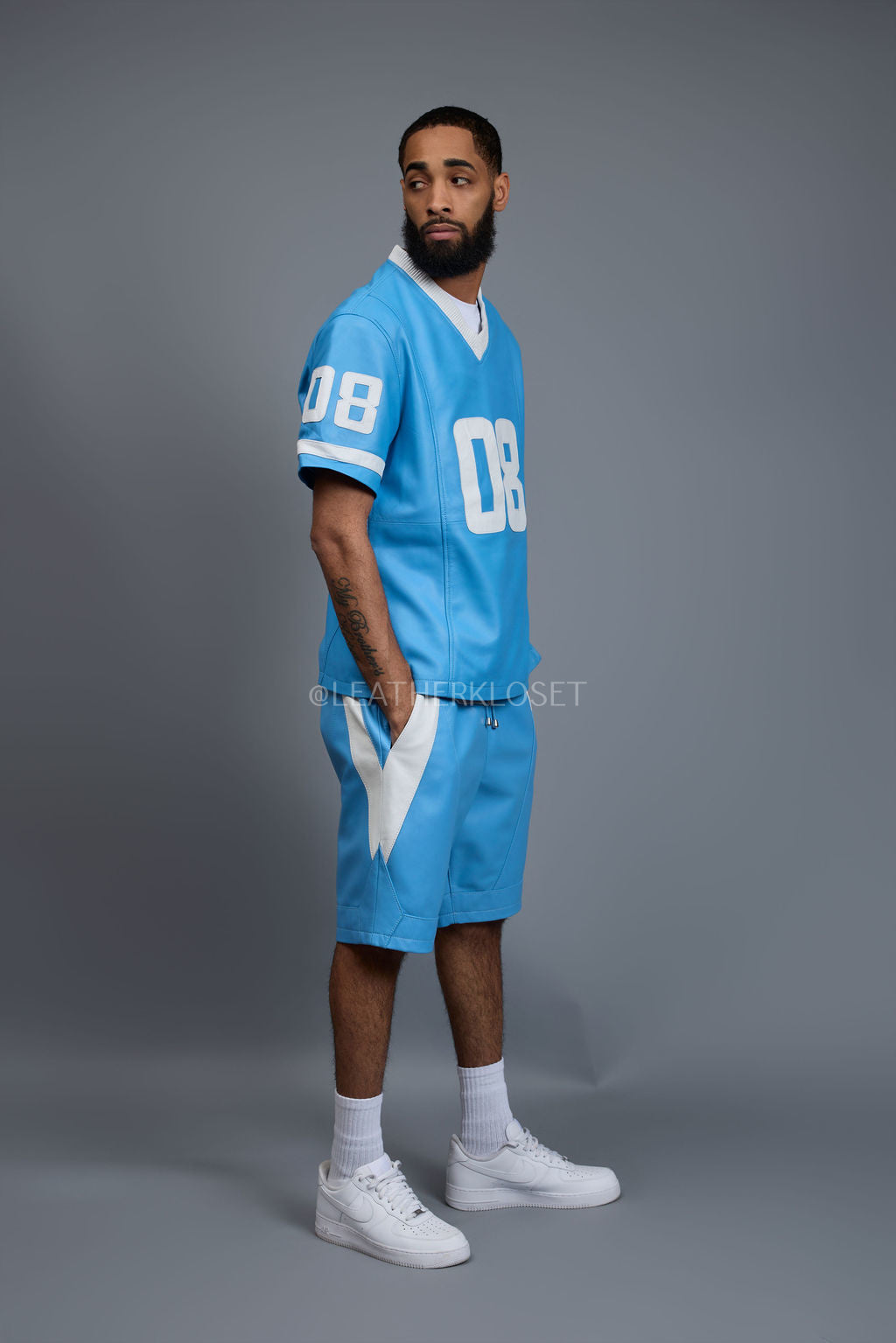 Men's Leather Jersey And Levi Shorts Set [Baby blue/White]