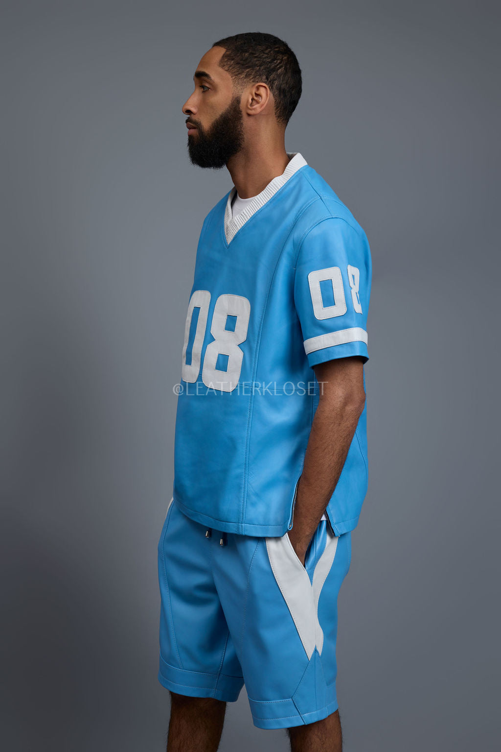 Men's Leather Jersey And Levi Shorts Set [Baby blue/White]