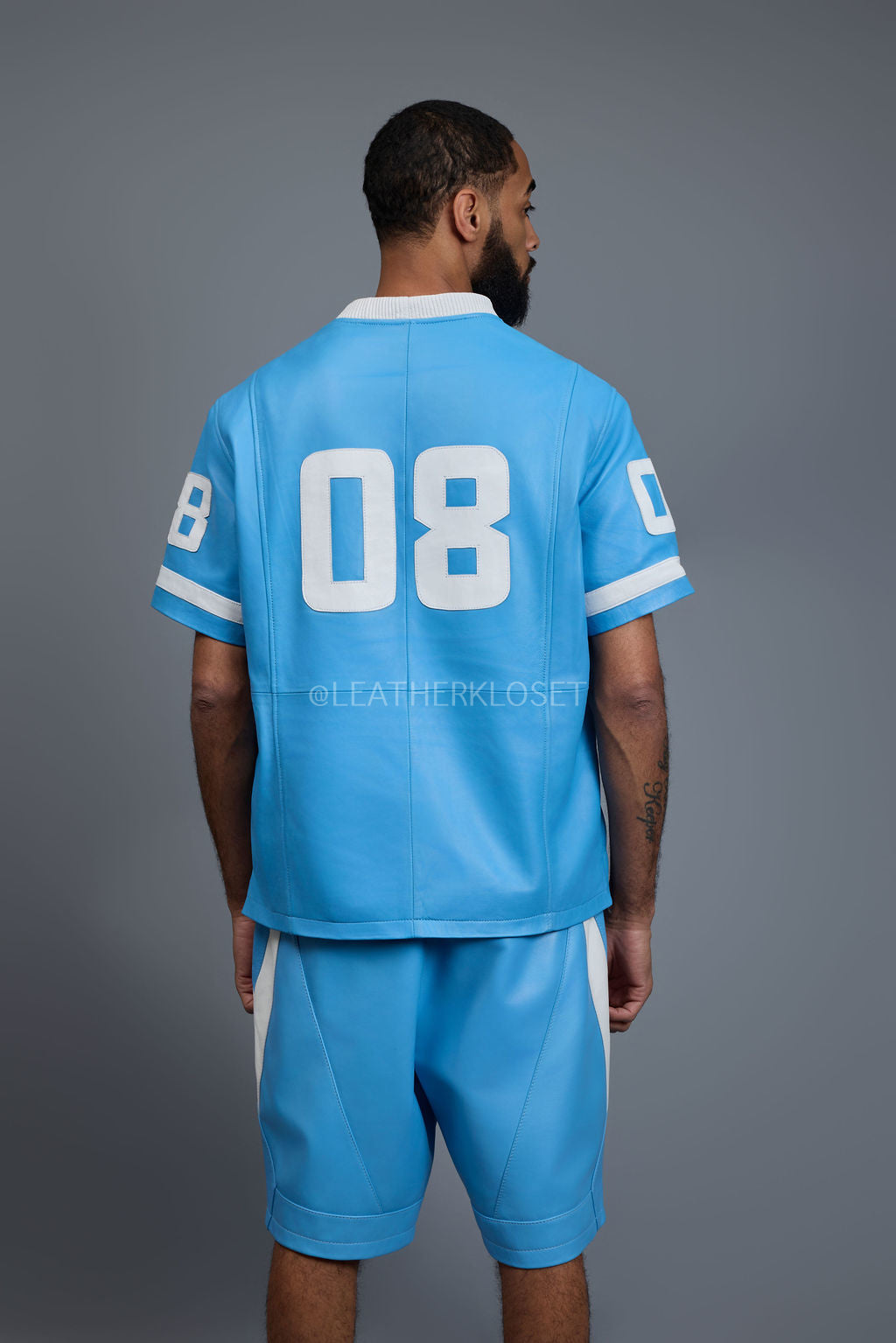 Men's Leather Jersey And Levi Shorts Set [Baby blue/White]