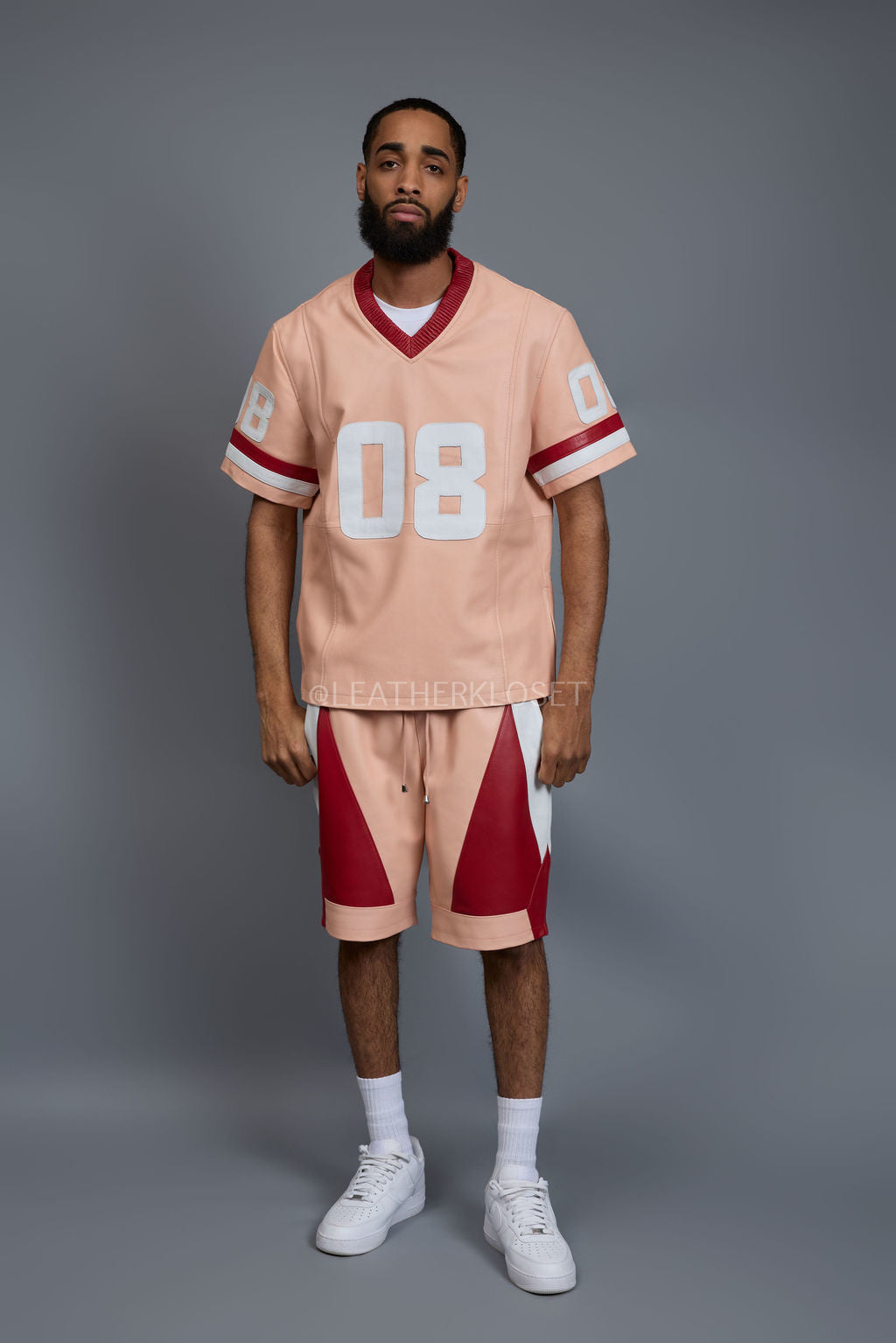Men's Leather Jersey And Levi Shorts Set [Baby pink/White/Red]