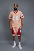 Men's Leather Jersey And Levi Shorts Set [Baby pink/White/Red]