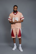 Men's Leather Jersey And Levi Shorts Set [Baby pink/White/Red]