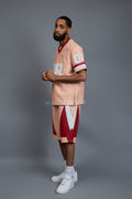 Men's Leather Jersey And Levi Shorts Set [Baby pink/White/Red]