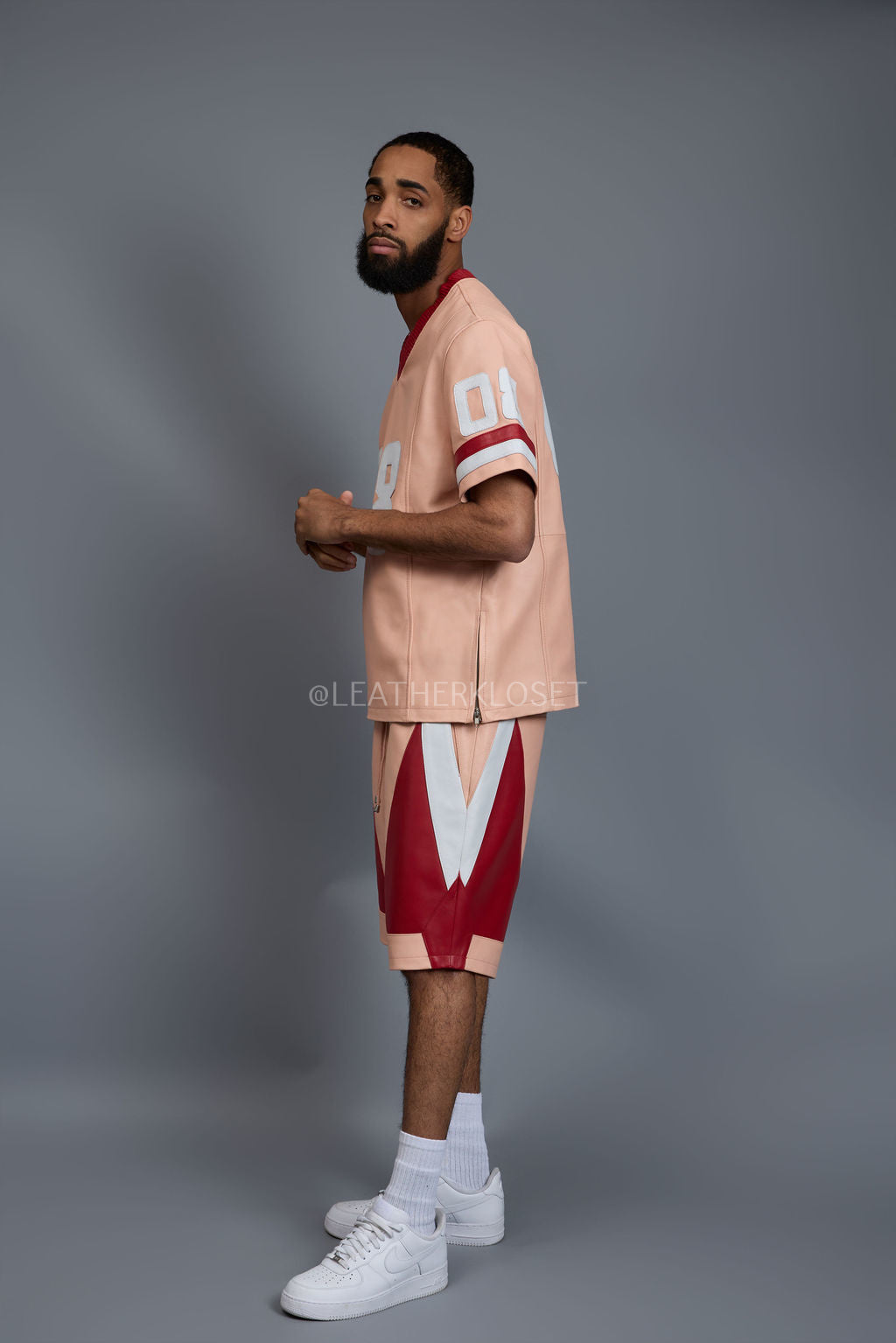 Men's Leather Jersey And Levi Shorts Set [Baby pink/White/Red]