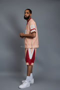 Men's Leather Jersey And Levi Shorts Set [Baby pink/White/Red]