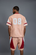 Men's Leather Jersey And Levi Shorts Set [Baby pink/White/Red]
