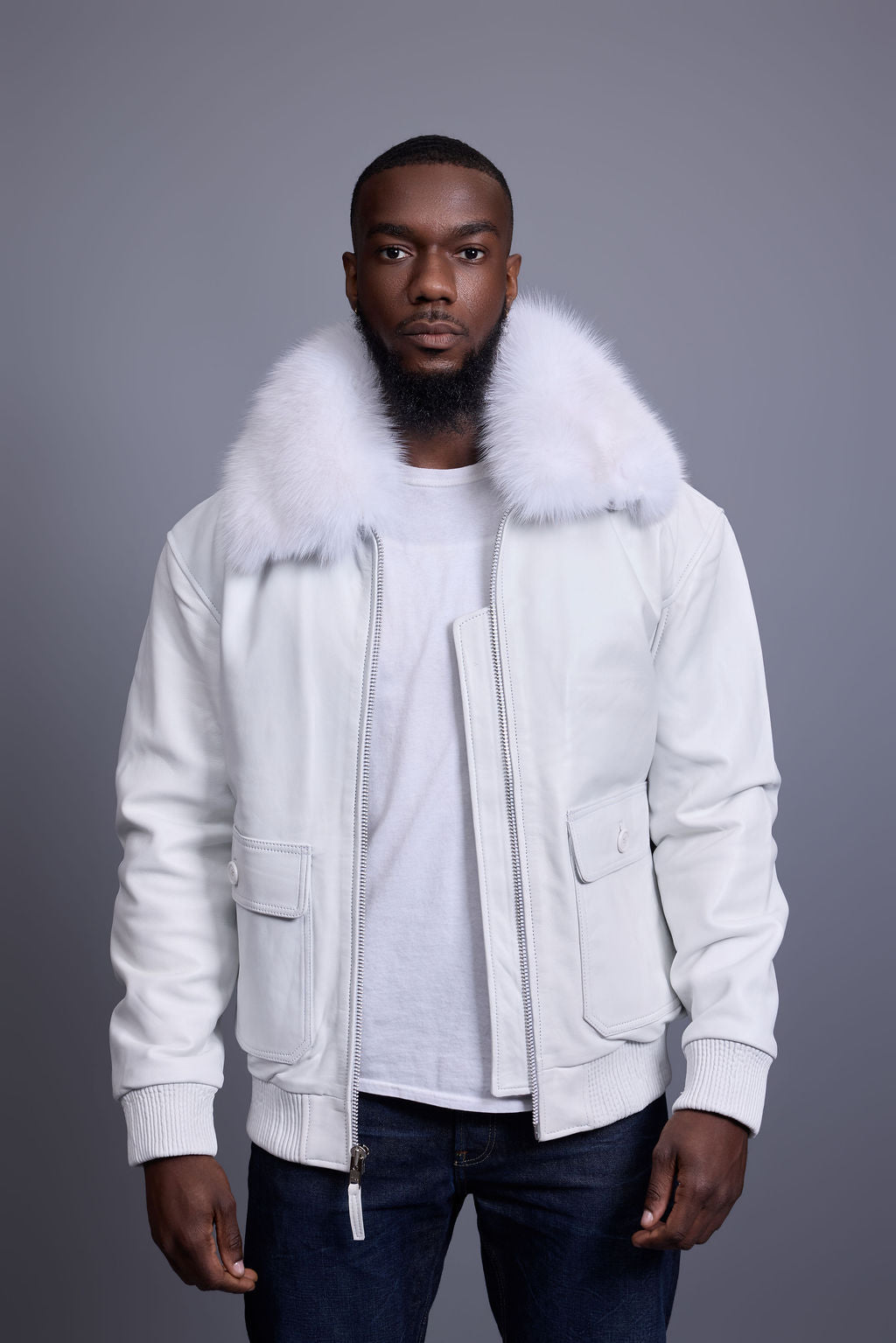 Men's Leather Pilot Aviator Bomber Jacket With Fox Collar [White]