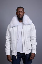 Men's Leather Pilot Aviator Bomber Jacket With Fox Collar [White]