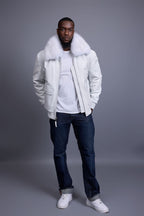 Men's Leather Pilot Aviator Bomber Jacket With Fox Collar [White]