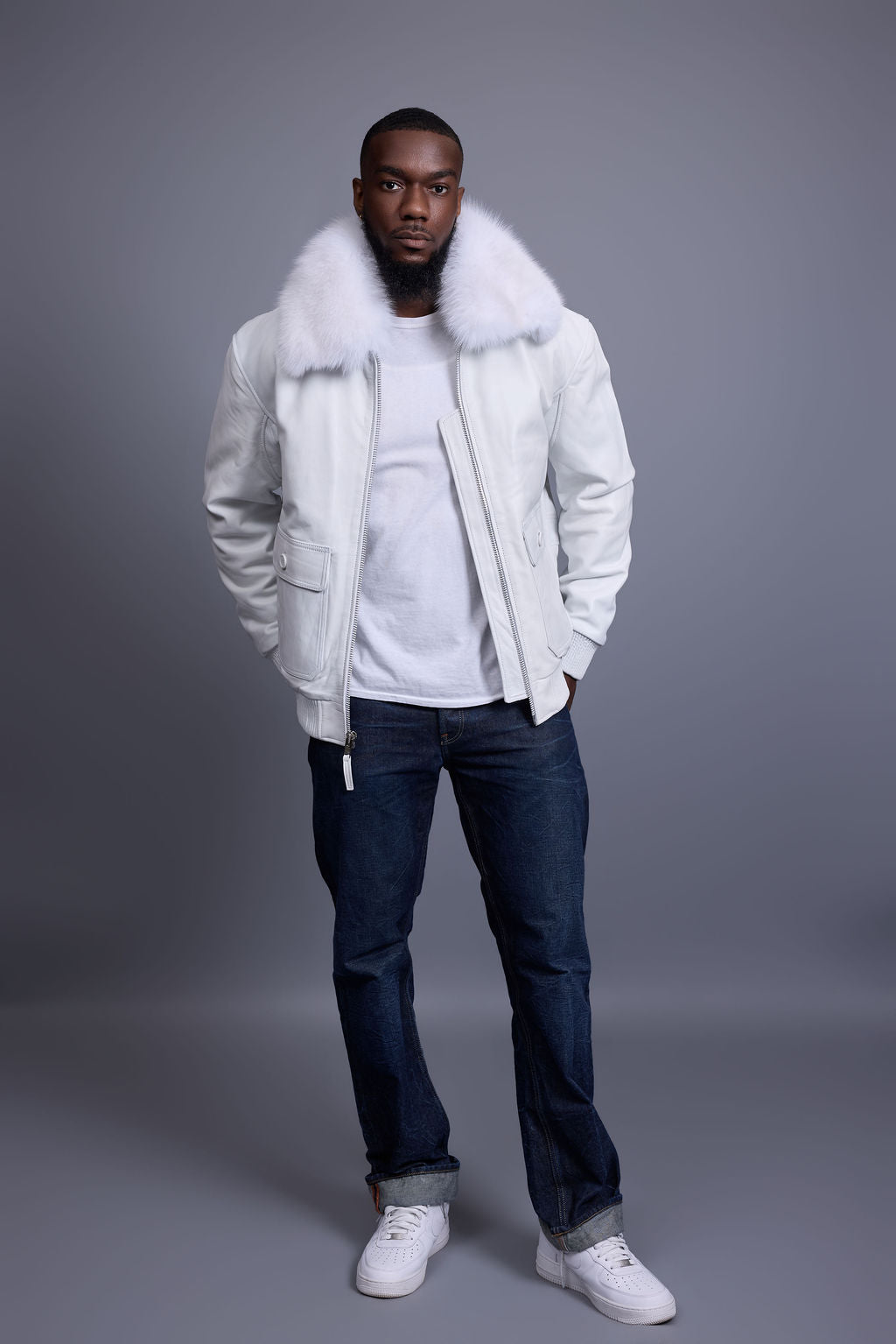 Men's Leather Pilot Aviator Bomber Jacket With Fox Collar [White]