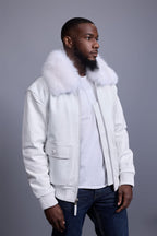 Men's Leather Pilot Aviator Bomber Jacket With Fox Collar [White]