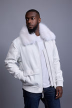 Men's Leather Pilot Aviator Bomber Jacket With Fox Collar [White]