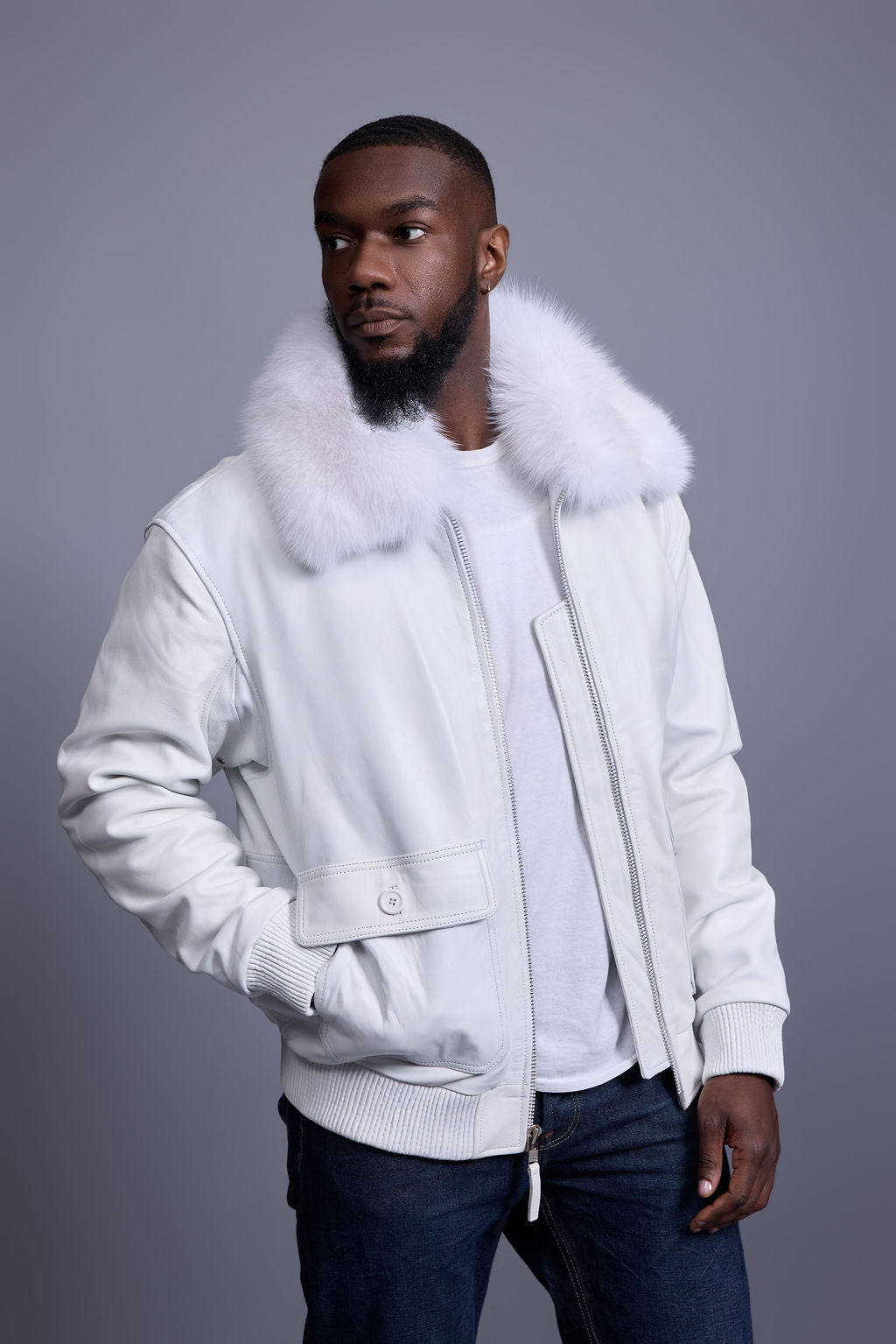 Men's Leather Pilot Aviator Bomber Jacket With Fox Collar [White]