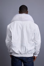 Men's Leather Pilot Aviator Bomber Jacket With Fox Collar [White]