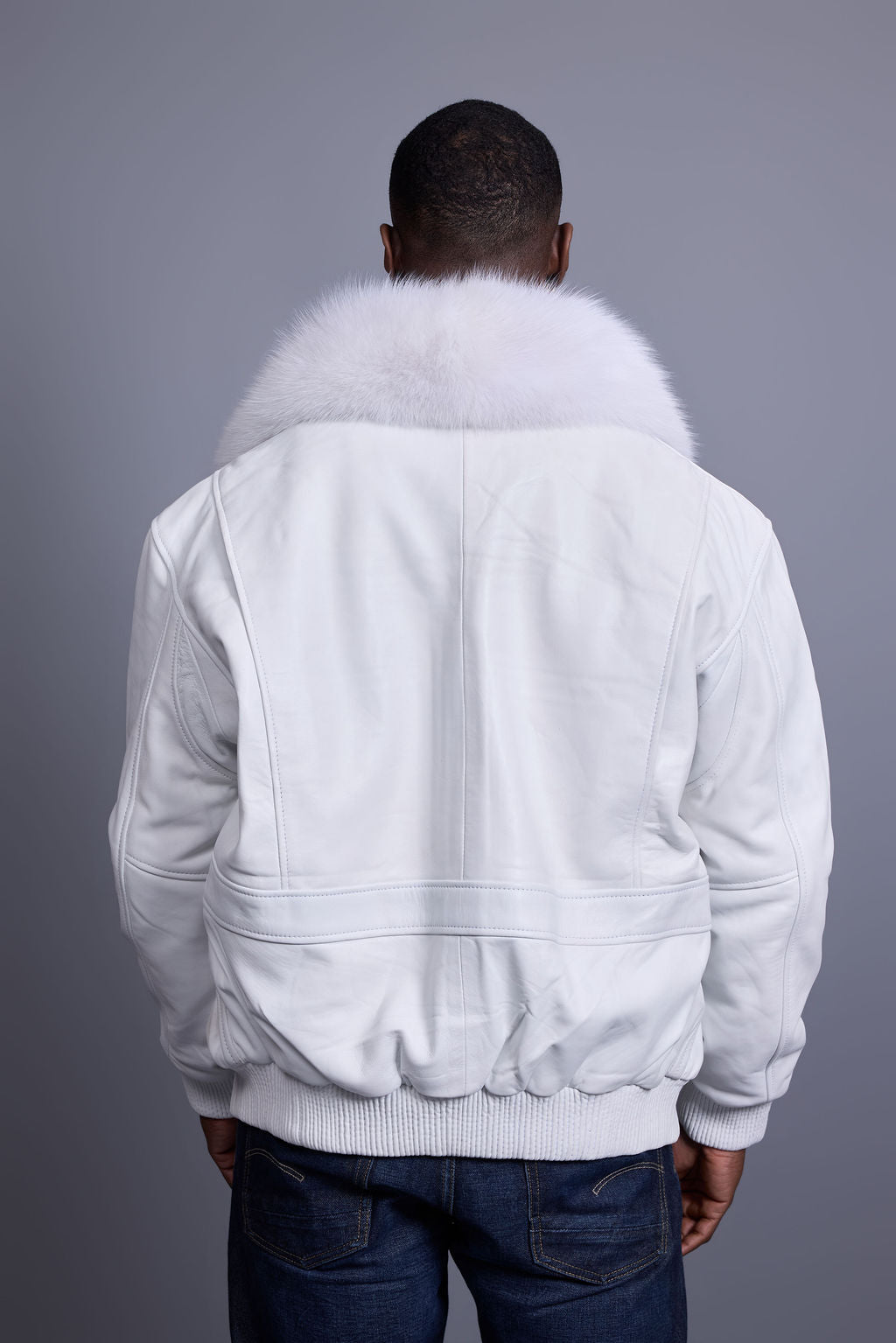 Men's Leather Pilot Aviator Bomber Jacket With Fox Collar [White]