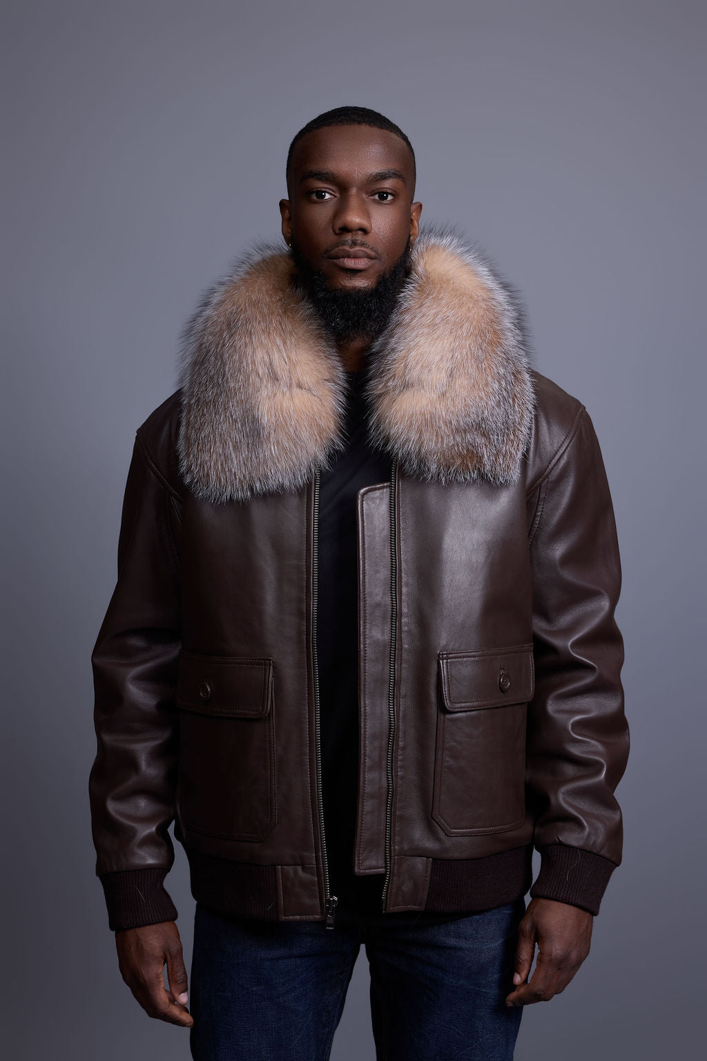 Men's Leather Pilot Aviator Bomber Jacket With Fox Collar [Chocolate]