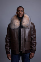 Men's Leather Pilot Aviator Bomber Jacket With Fox Collar [Chocolate]