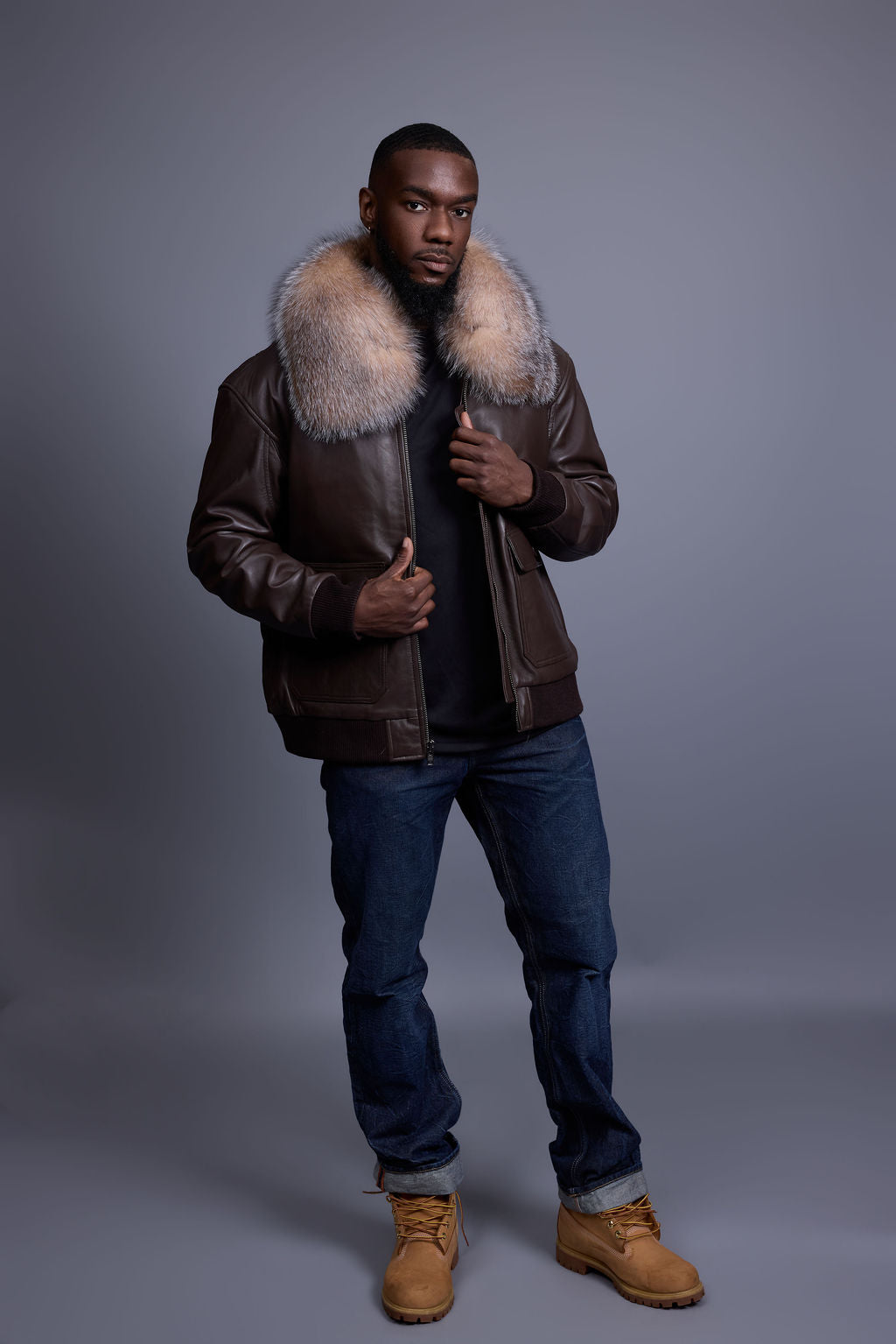 Men's Leather Pilot Aviator Bomber Jacket With Fox Collar [Chocolate]