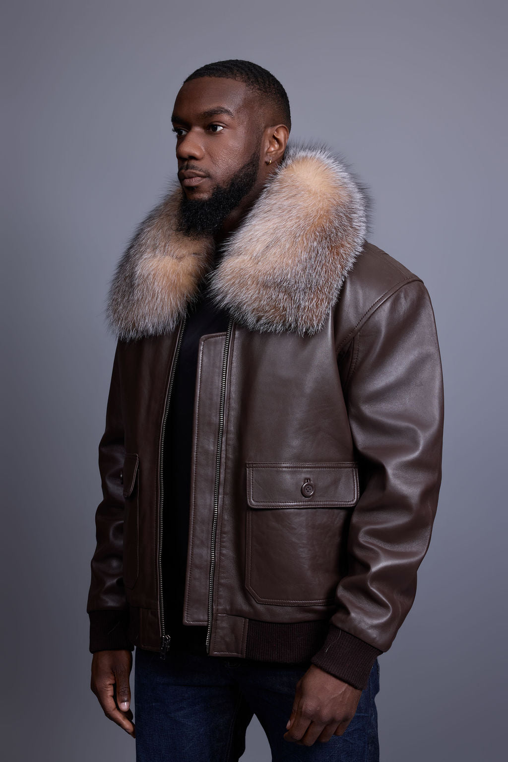 Men's Leather Pilot Aviator Bomber Jacket With Fox Collar [Chocolate]
