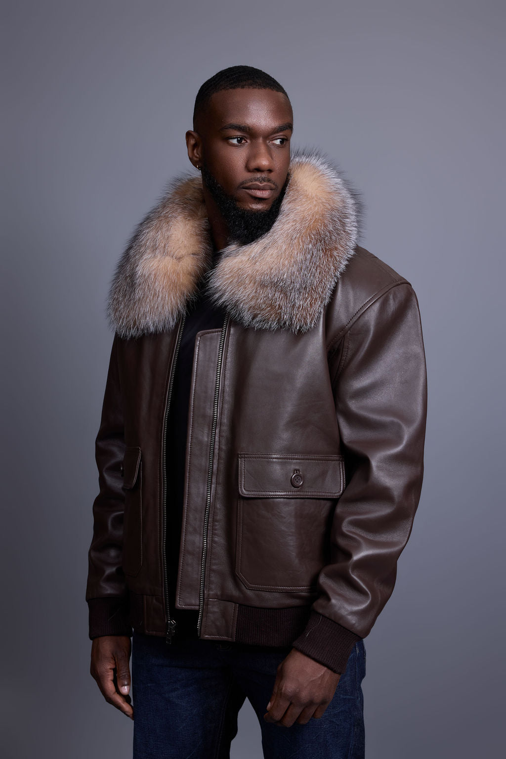 Men's Leather Pilot Aviator Bomber Jacket With Fox Collar [Chocolate]