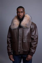 Men's Leather Pilot Aviator Bomber Jacket With Fox Collar [Chocolate]