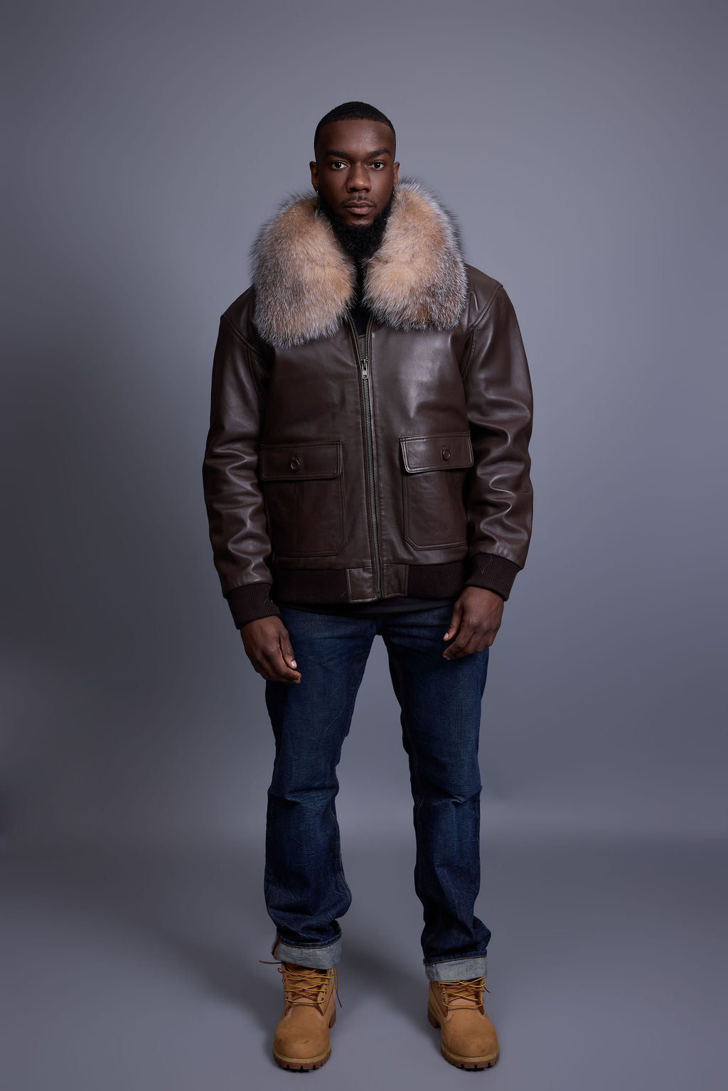 Men's Leather Pilot Aviator Bomber Jacket With Fox Collar [Chocolate]
