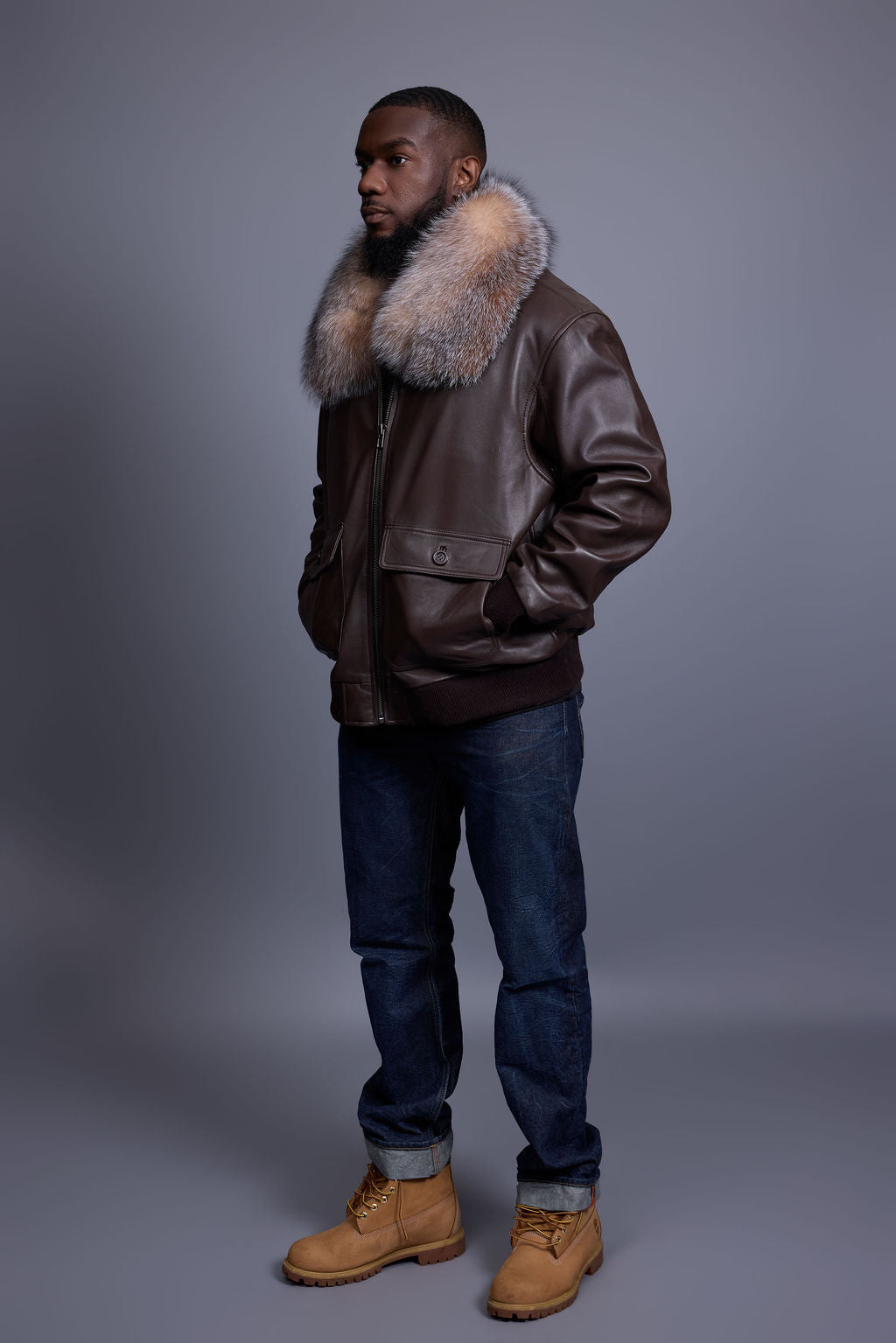 Men's Leather Pilot Aviator Bomber Jacket With Fox Collar [Chocolate]