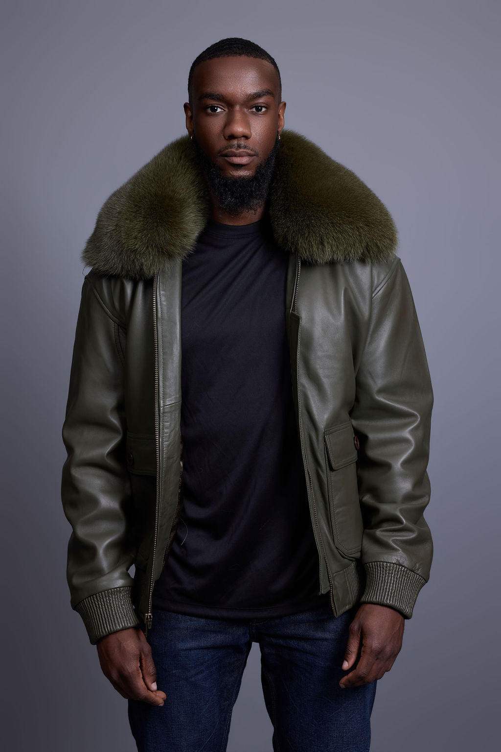 Men's Leather Pilot Aviator Bomber Jacket With Fox Collar [Olive]