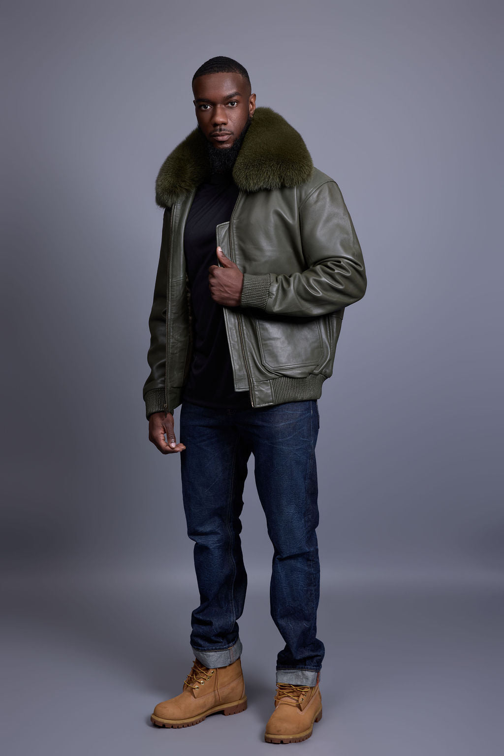 Men's Leather Pilot Aviator Bomber Jacket With Fox Collar [Olive]