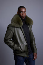 Men's Leather Pilot Aviator Bomber Jacket With Fox Collar [Olive]