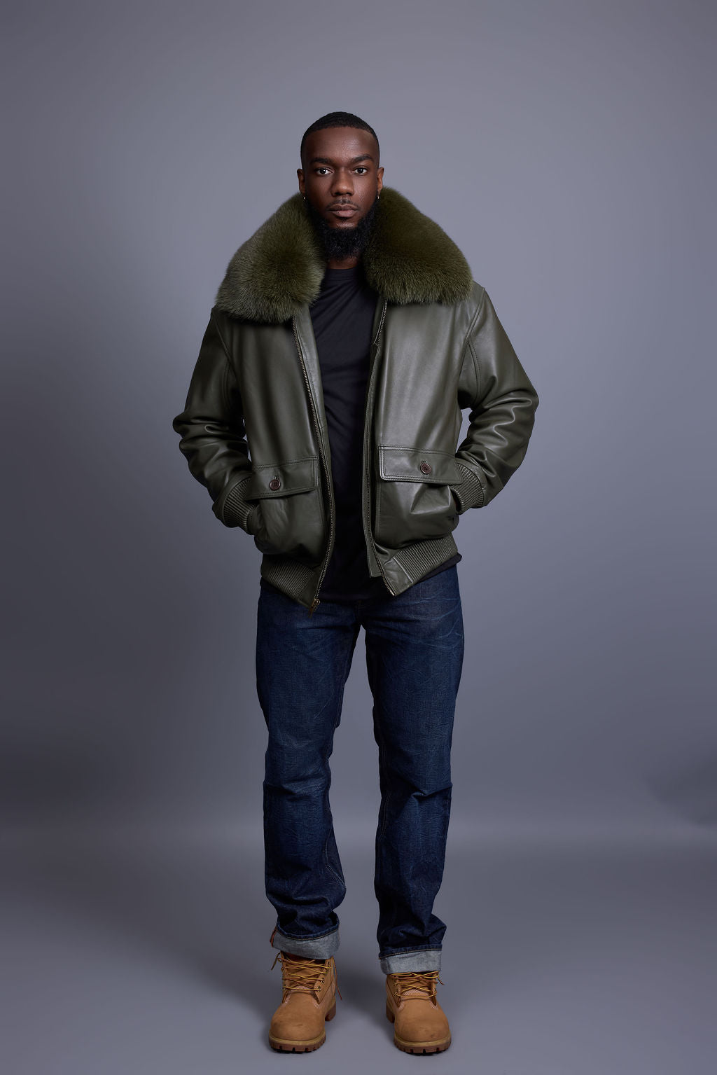 Men's Leather Pilot Aviator Bomber Jacket With Fox Collar [Olive]