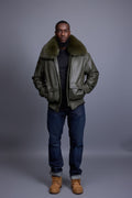 Men's Leather Pilot Aviator Bomber Jacket With Fox Collar [Olive]