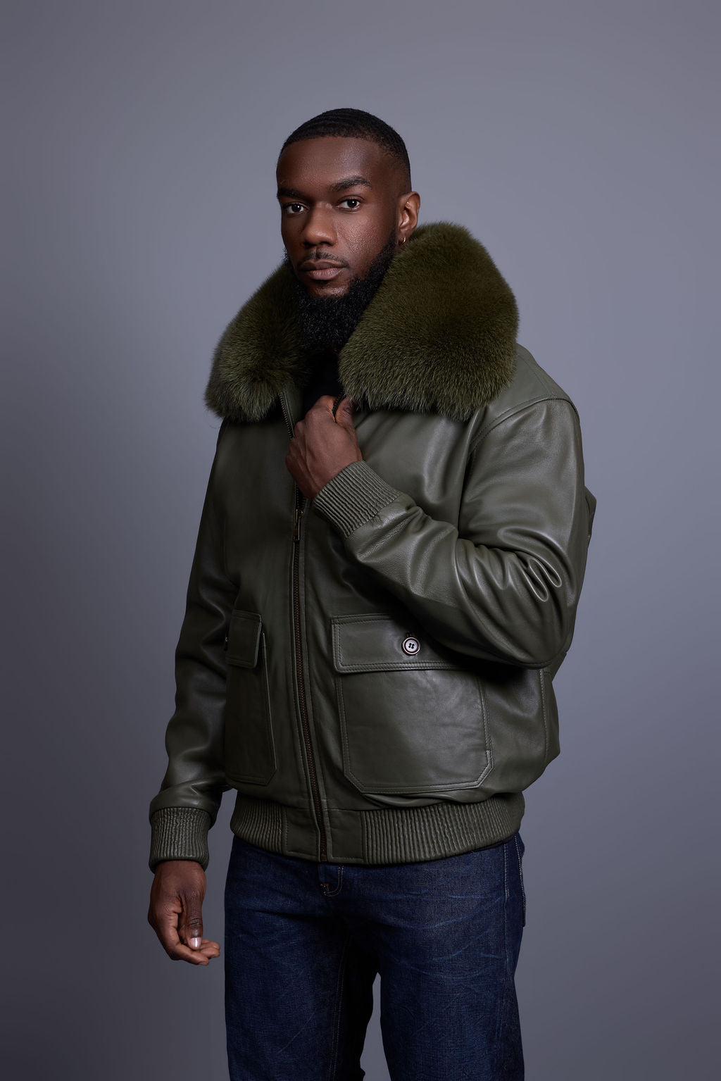 Men's Leather Pilot Aviator Bomber Jacket With Fox Collar [Olive]