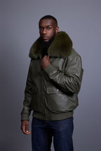 Men's Leather Pilot Aviator Bomber Jacket With Fox Collar [Olive]