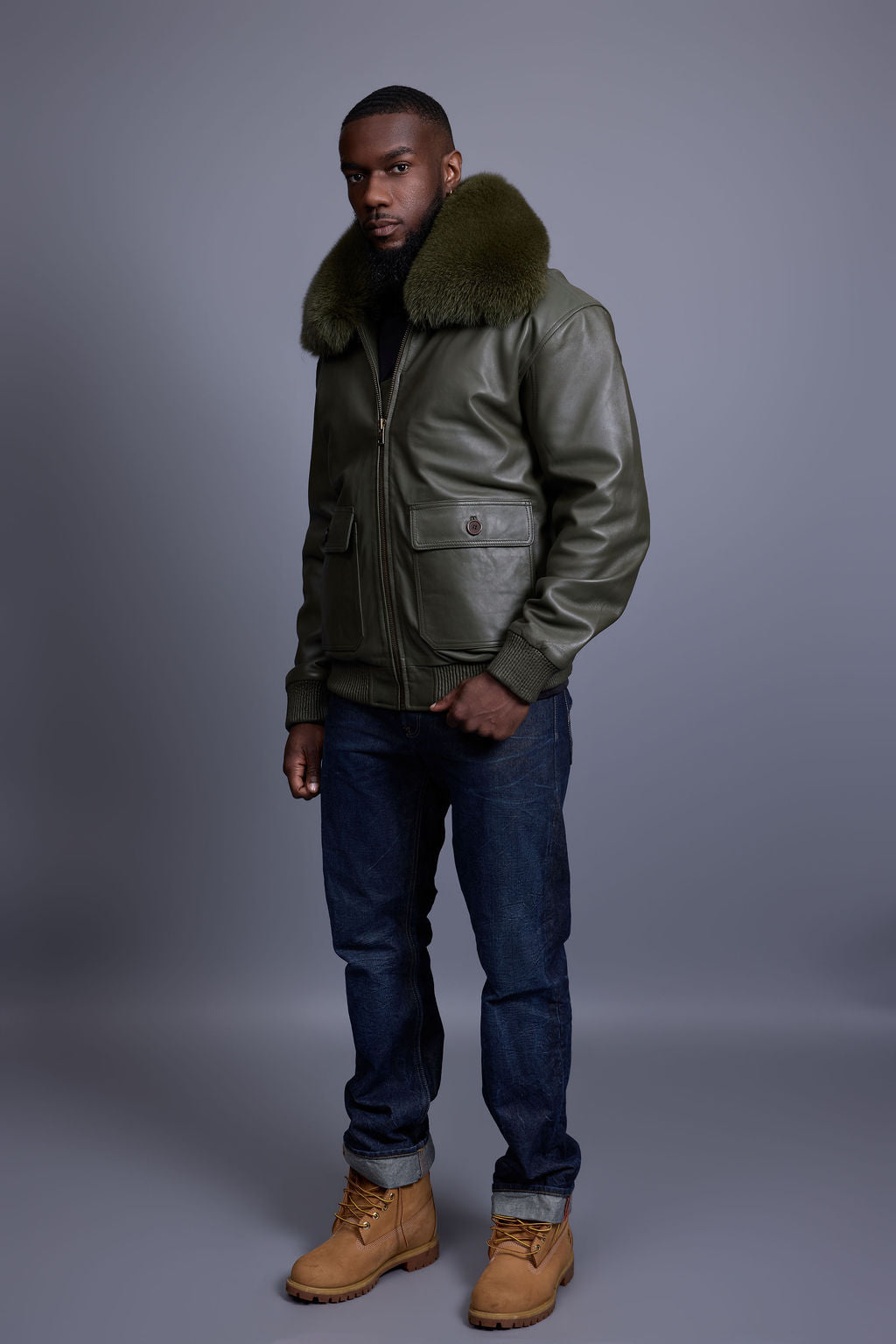 Men's Leather Pilot Aviator Bomber Jacket With Fox Collar [Olive]