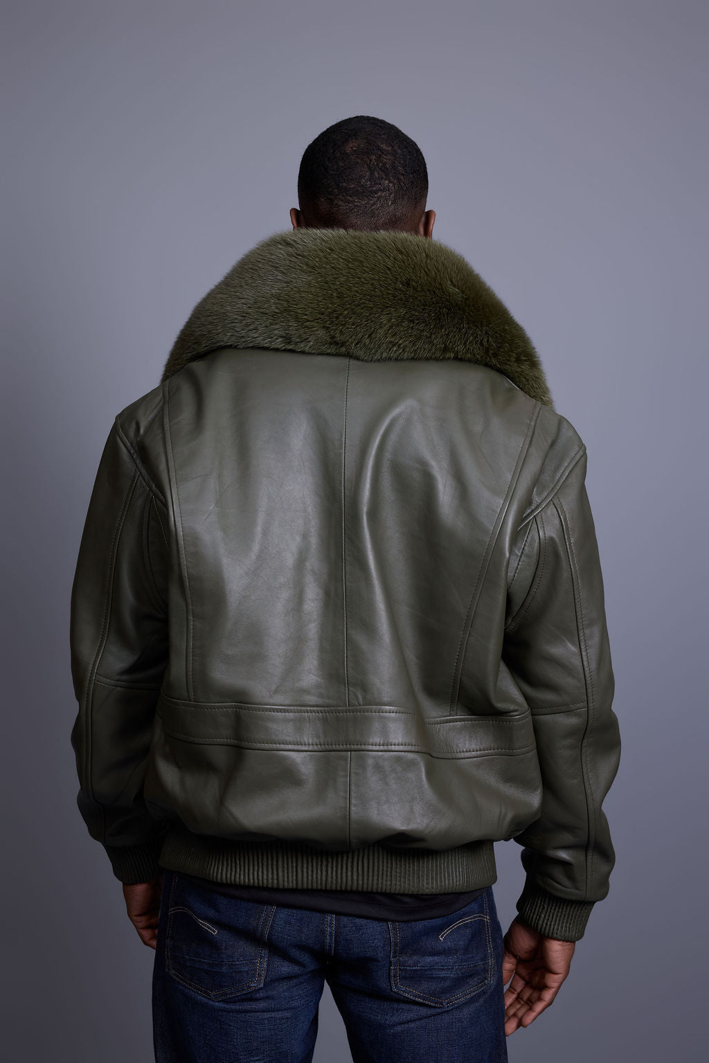 Men's Leather Pilot Aviator Bomber Jacket With Fox Collar [Olive]