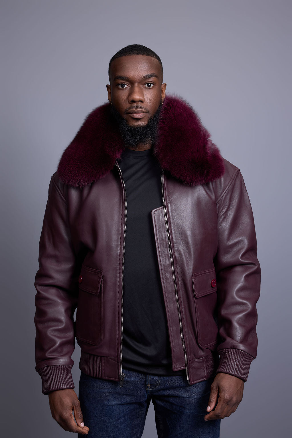Men's Leather Pilot Aviator Bomber Jacket With Fox Collar [Burgundy]