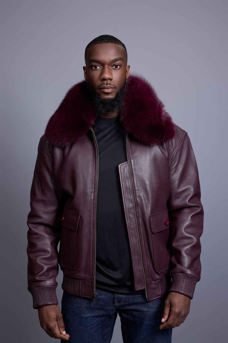 Men's Leather Pilot Aviator Bomber Jacket With Fox Collar [Burgundy]