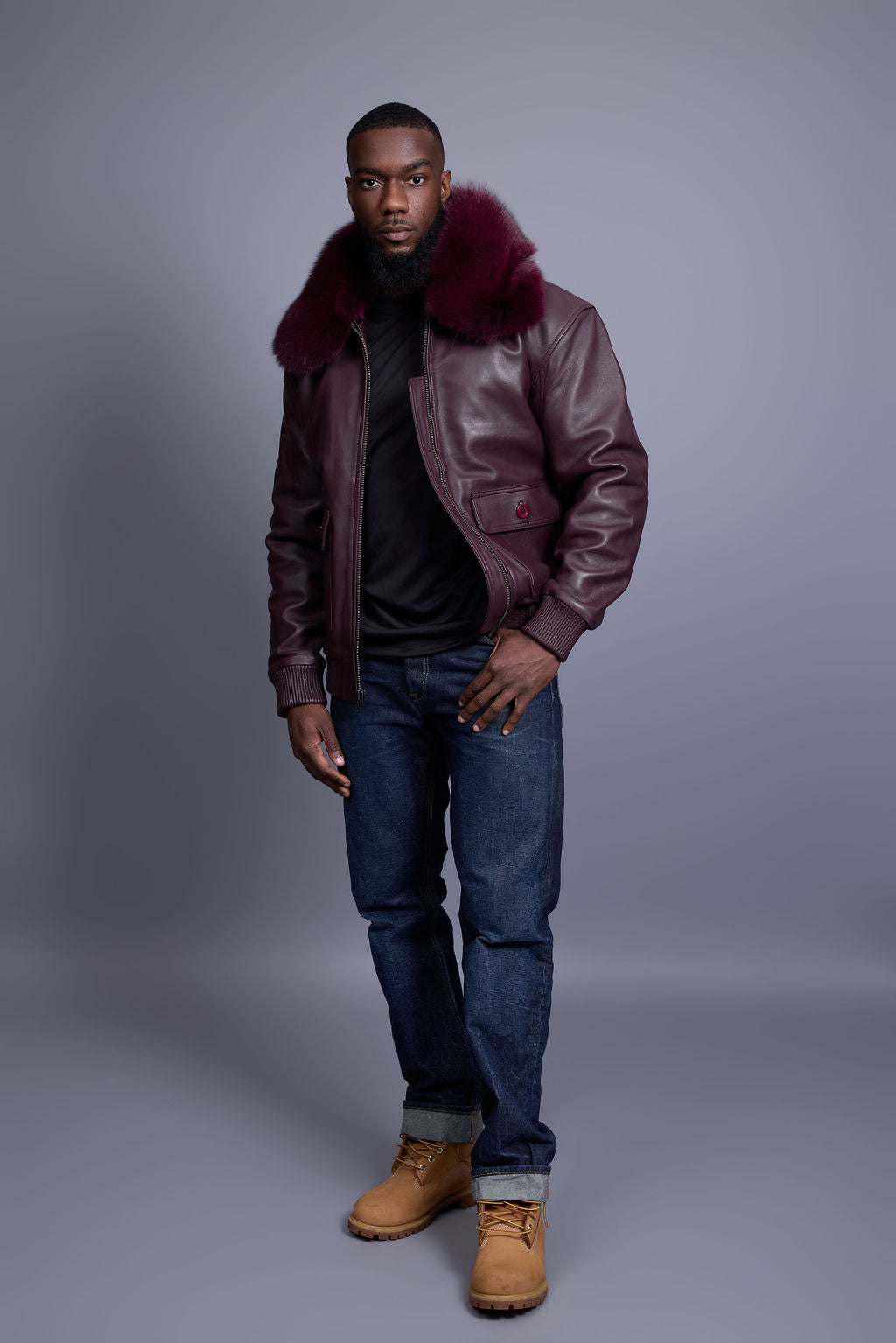 Men's Leather Pilot Aviator Bomber Jacket With Fox Collar [Burgundy]