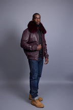 Men's Leather Pilot Aviator Bomber Jacket With Fox Collar [Burgundy]
